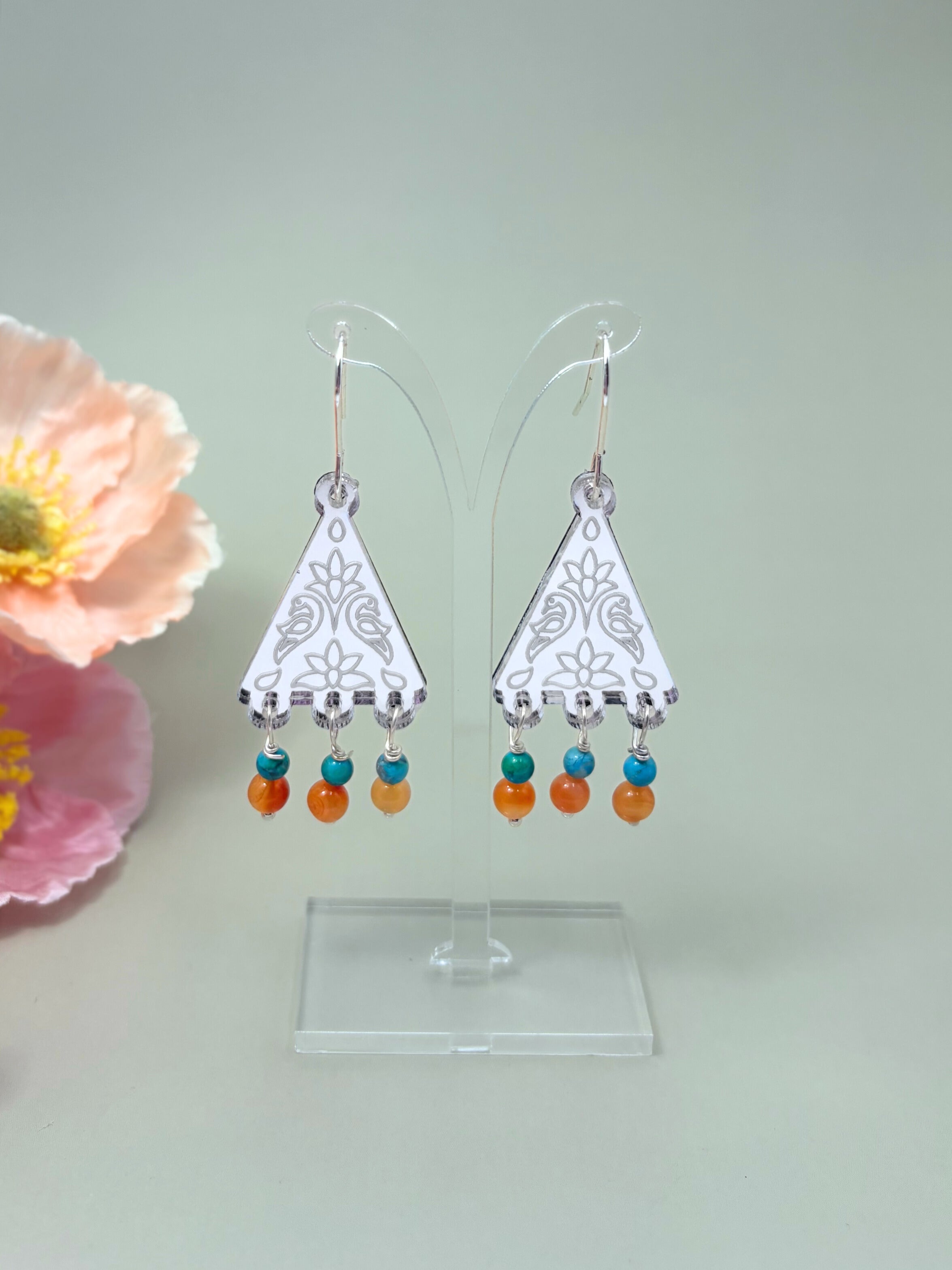 Kindred Spirit Dangles – Silver Mirror Acrylic Earrings | Turquoise & Carnelian | Isla & Marigold