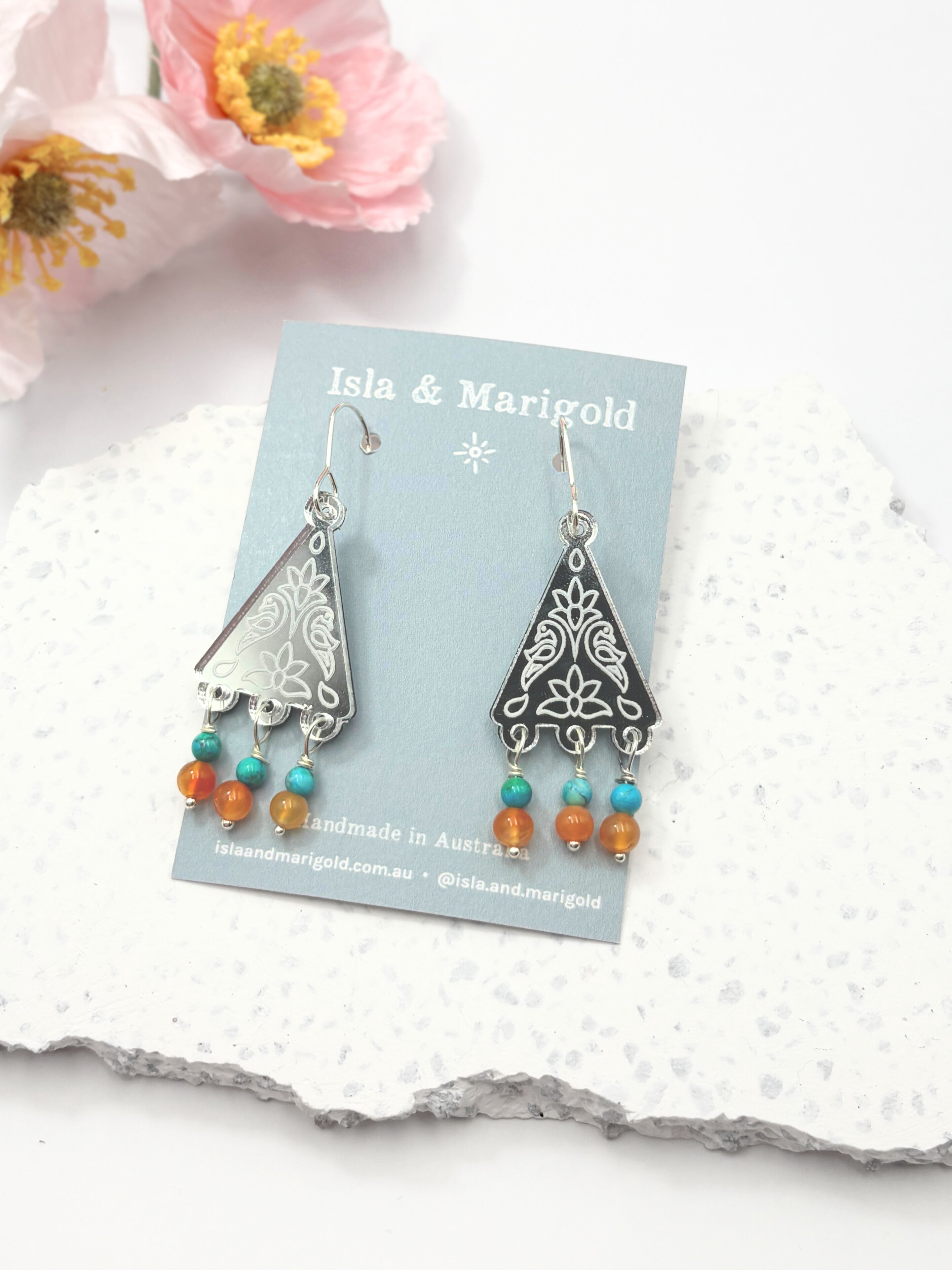 Kindred Spirit Dangles – Silver Mirror Acrylic Earrings | Turquoise & Carnelian | Isla & Marigold