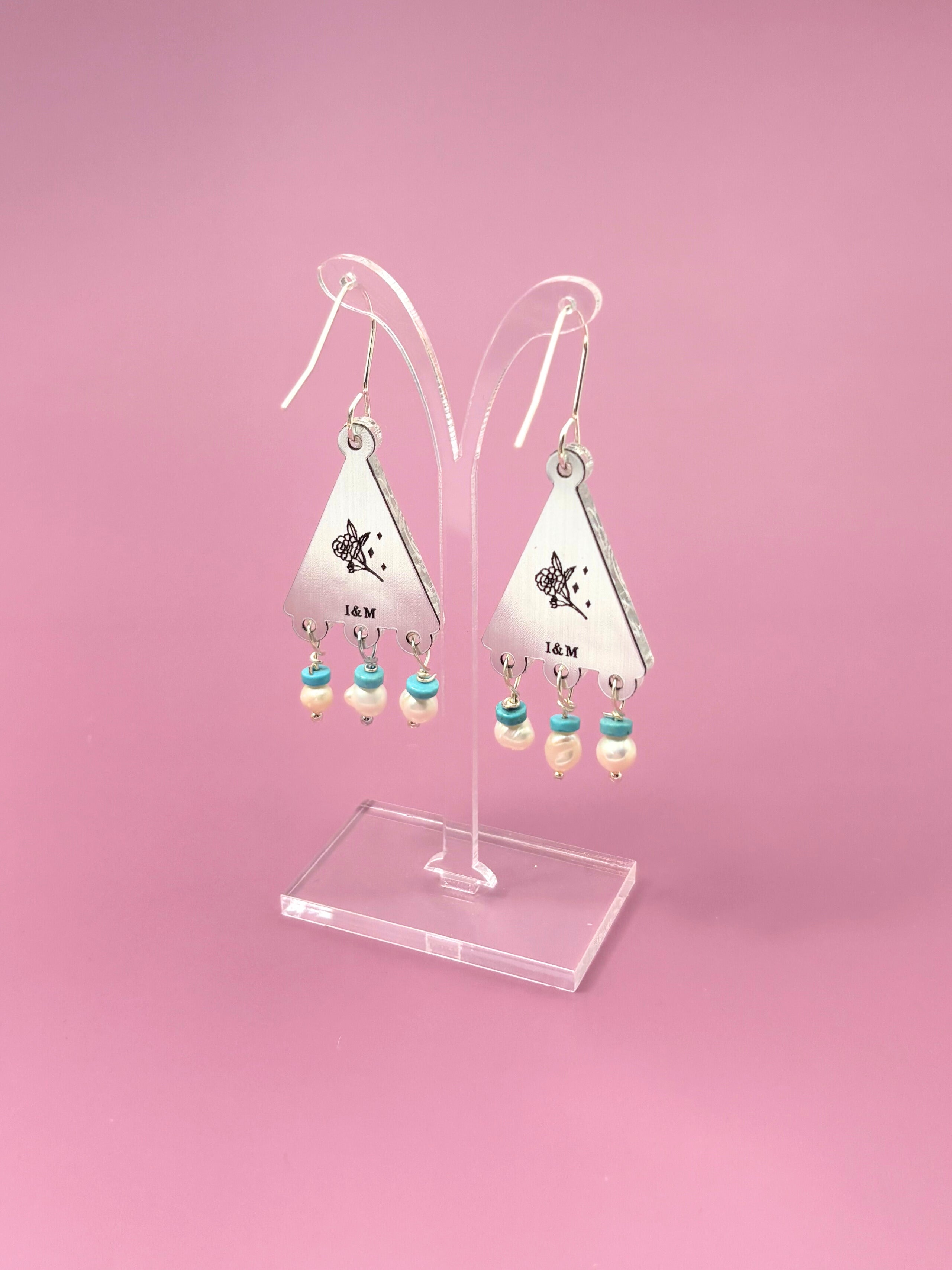 Kindred Spirit Dangles – Silver Mirror Acrylic Earrings | Turquoise & Pearl | Isla & Marigold