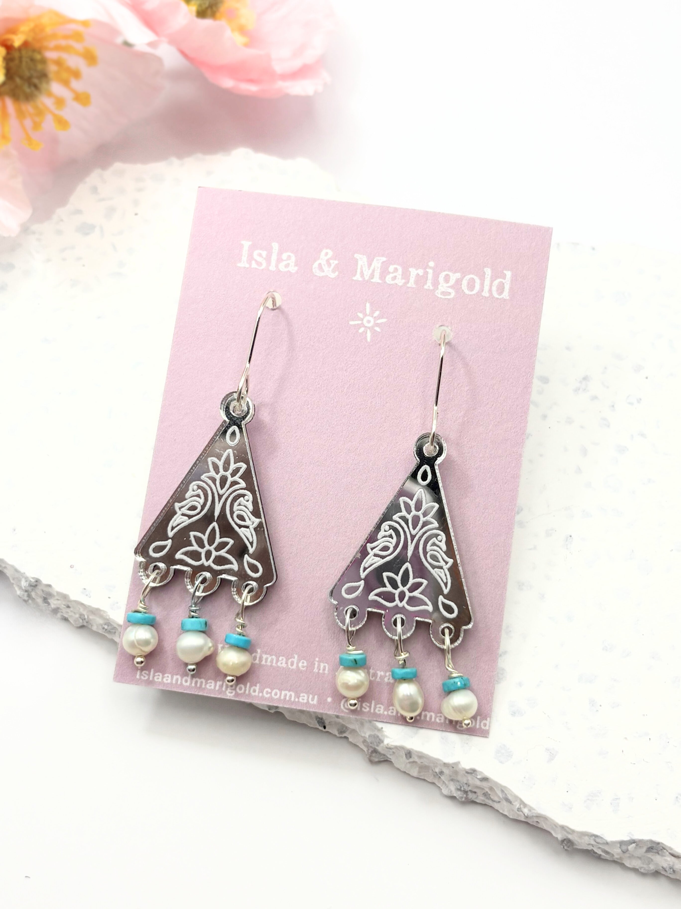 Kindred Spirit Dangles – Silver Mirror Acrylic Earrings | Turquoise & Pearl | Isla & Marigold