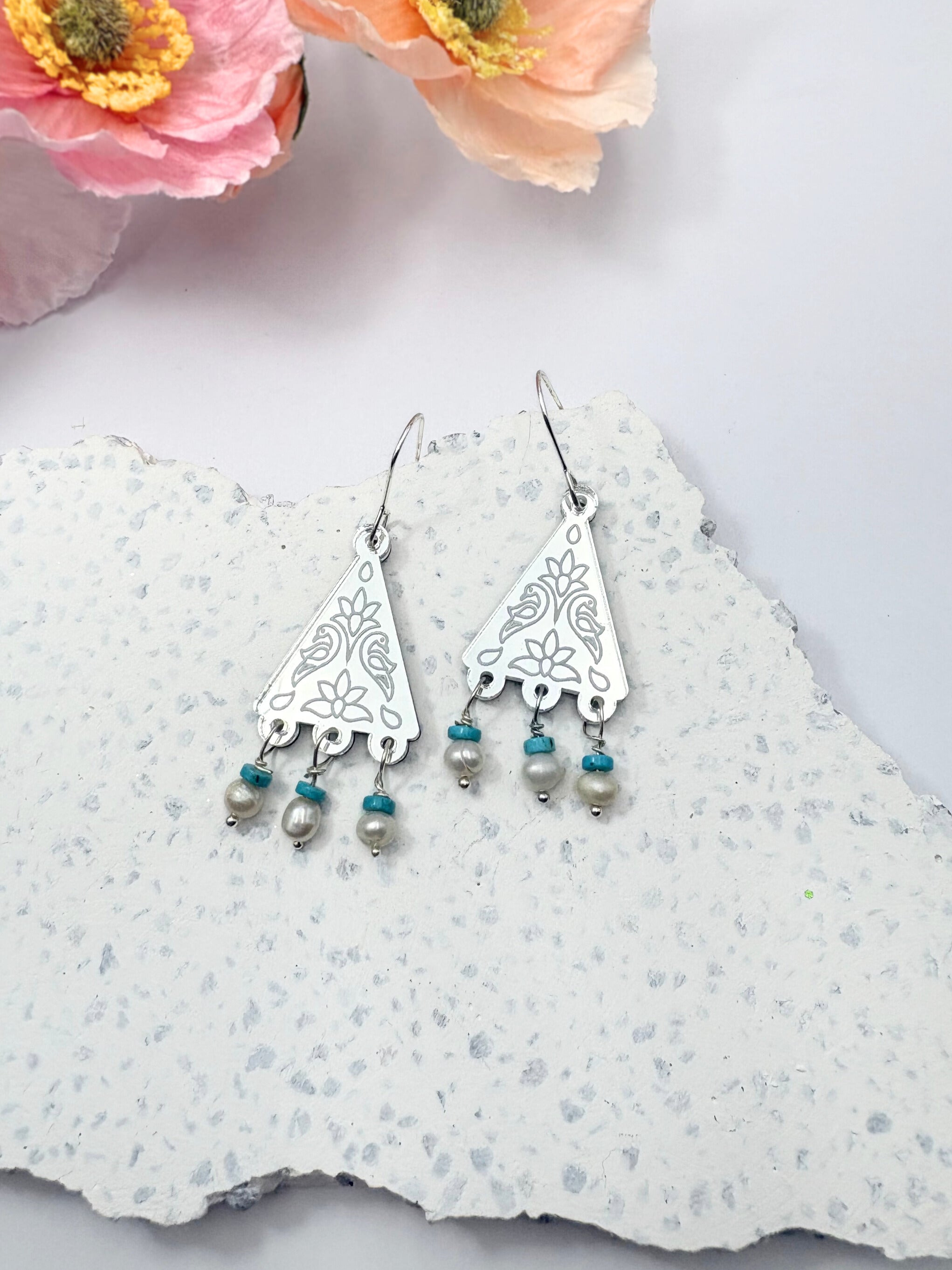 Kindred Spirit Dangles – Silver Mirror Acrylic Earrings | Turquoise & Pearl | Isla & Marigold
