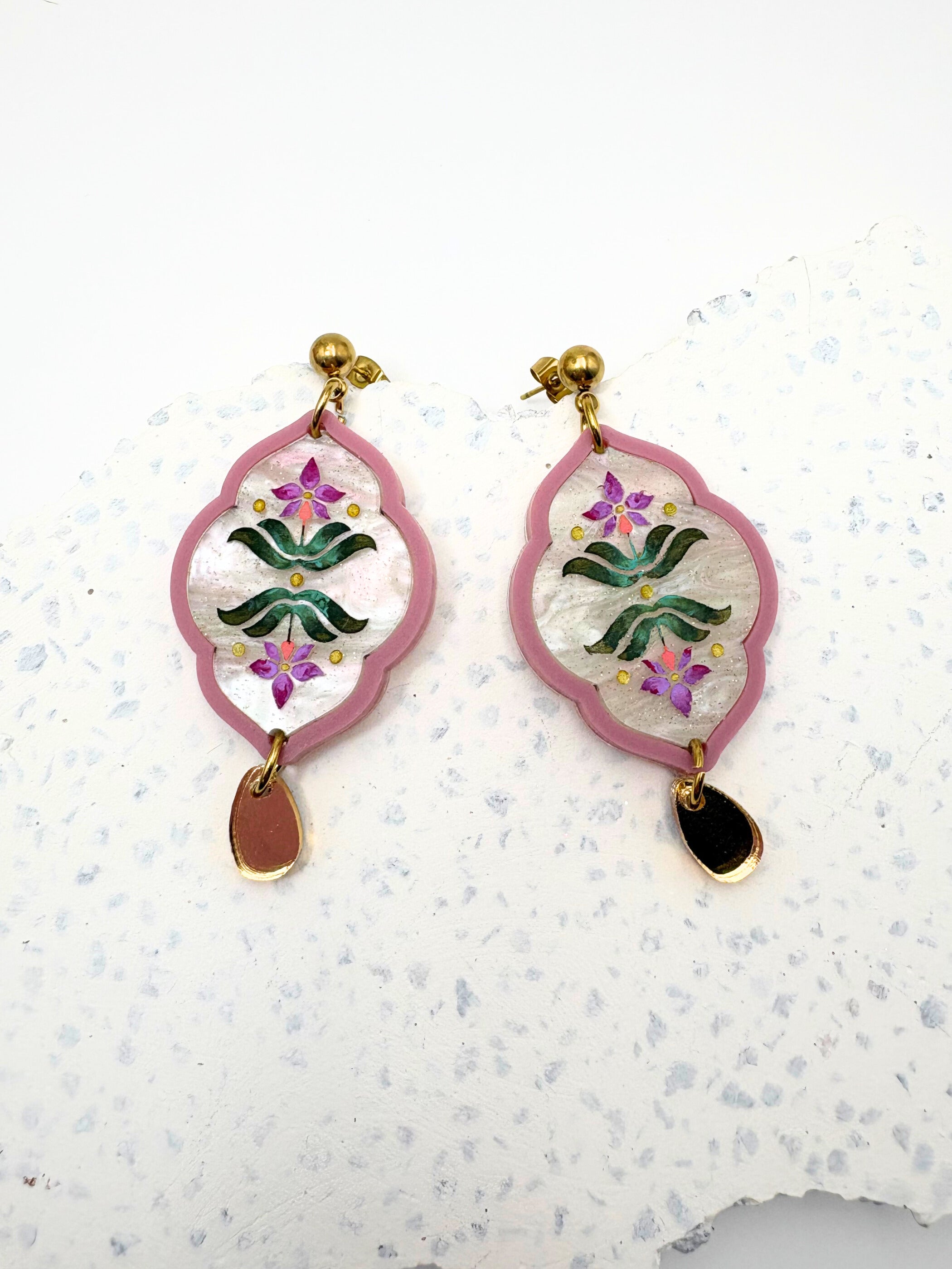 Sacred Bloom Drops - Mulberry, Emerald, Orchid & Gold Acrylic Earrings | Isla & Marigold