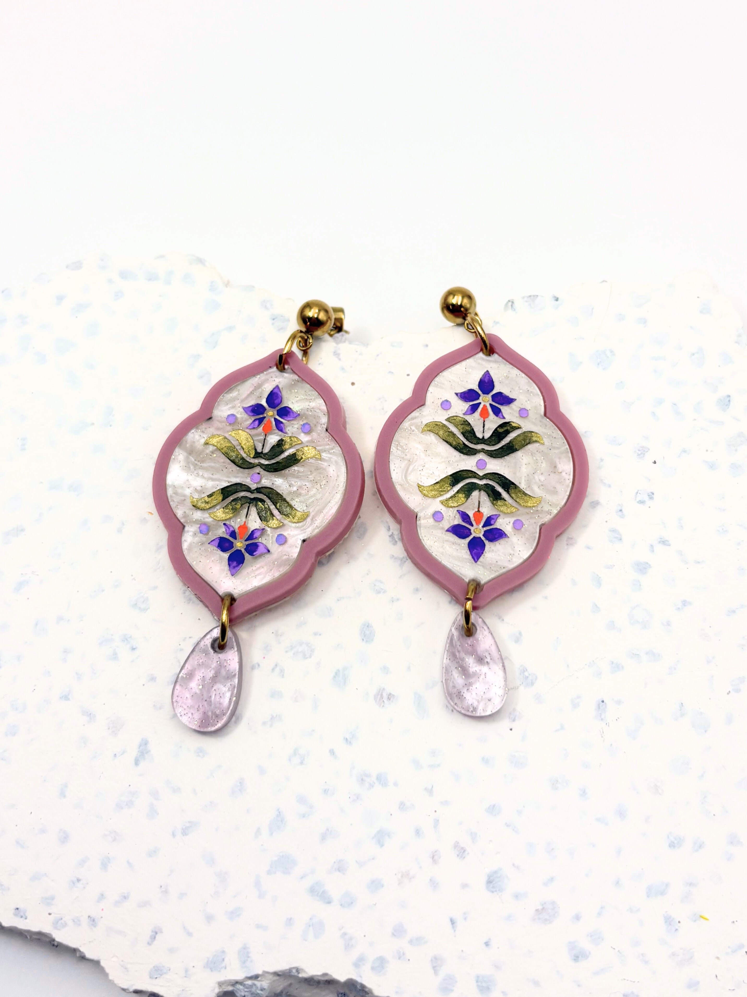 Sacred Bloom Drops - Mulberry, Olive, Violet & Gold Acrylic Earrings | Isla & Marigold