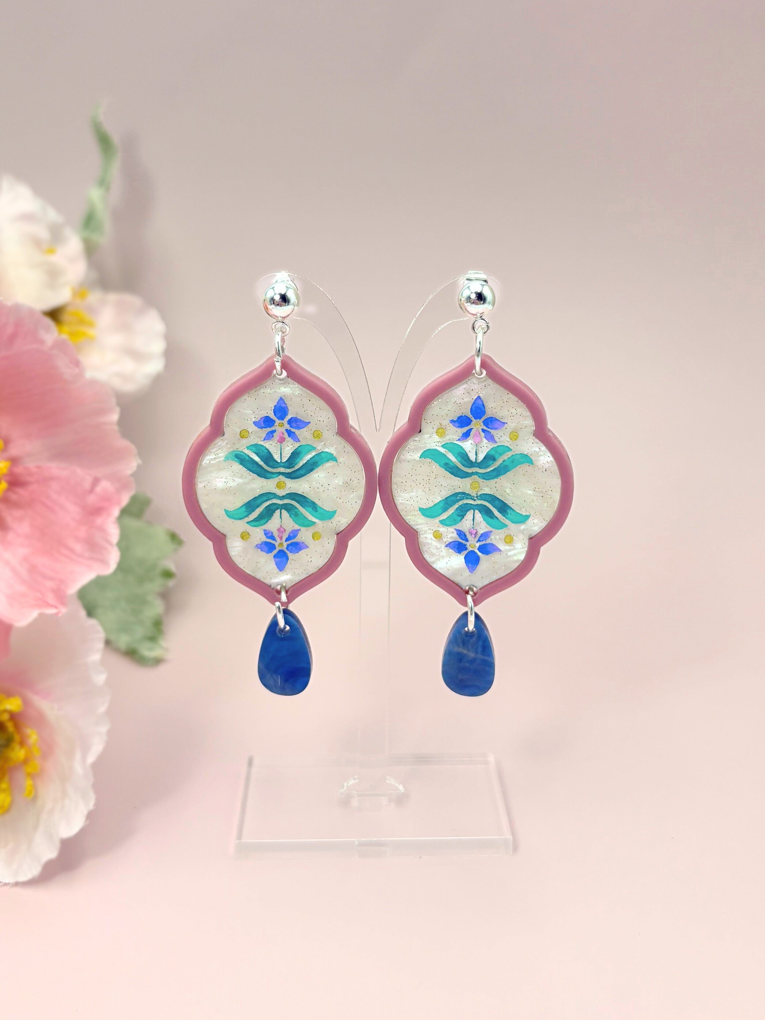 Sacred Bloom Drops - Mulberry, Teal, Blue & Silver Acrylic Earrings | Isla & Marigold