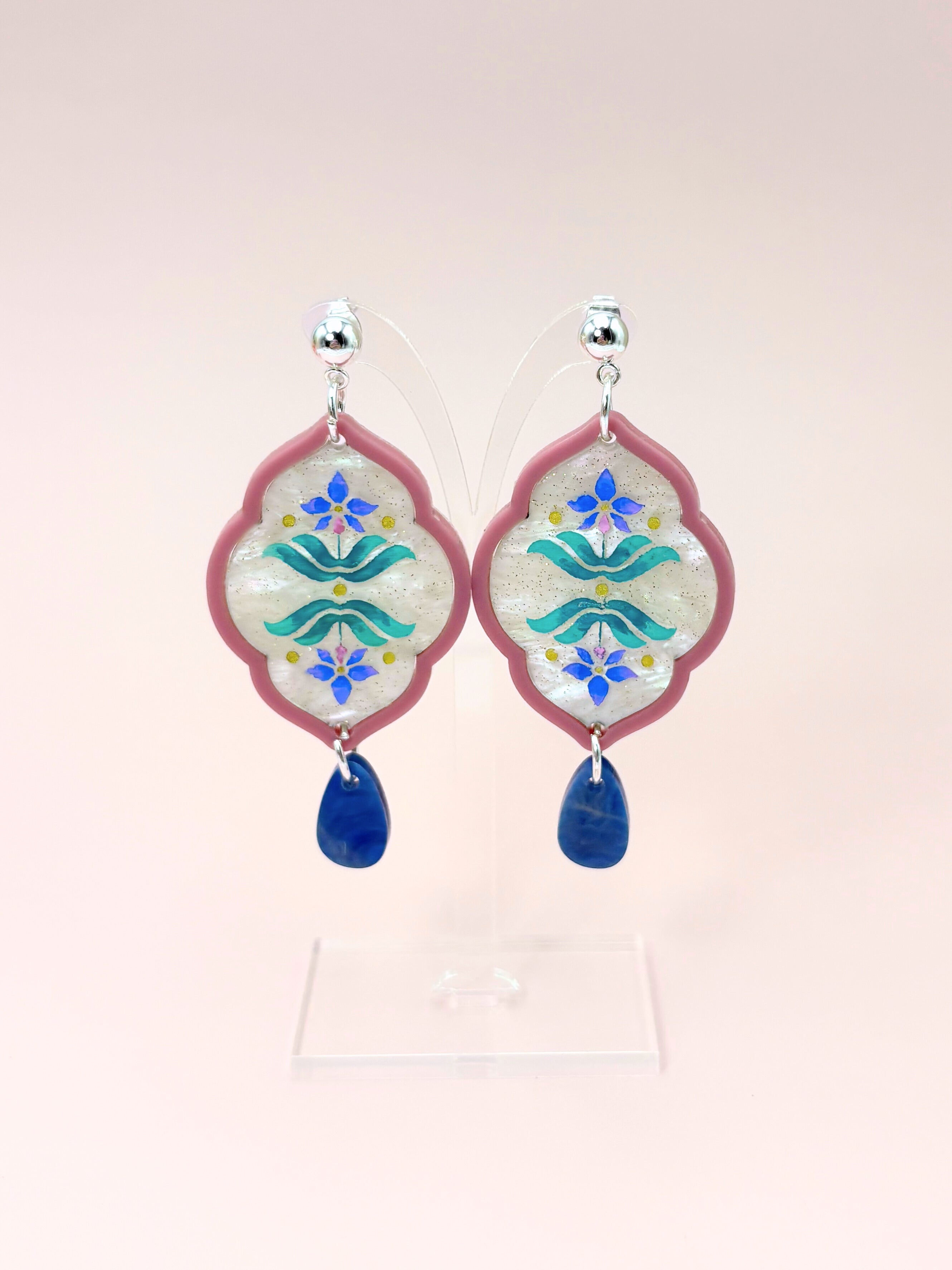 Sacred Bloom Drops - Mulberry, Teal, Blue & Silver Acrylic Earrings | Isla & Marigold