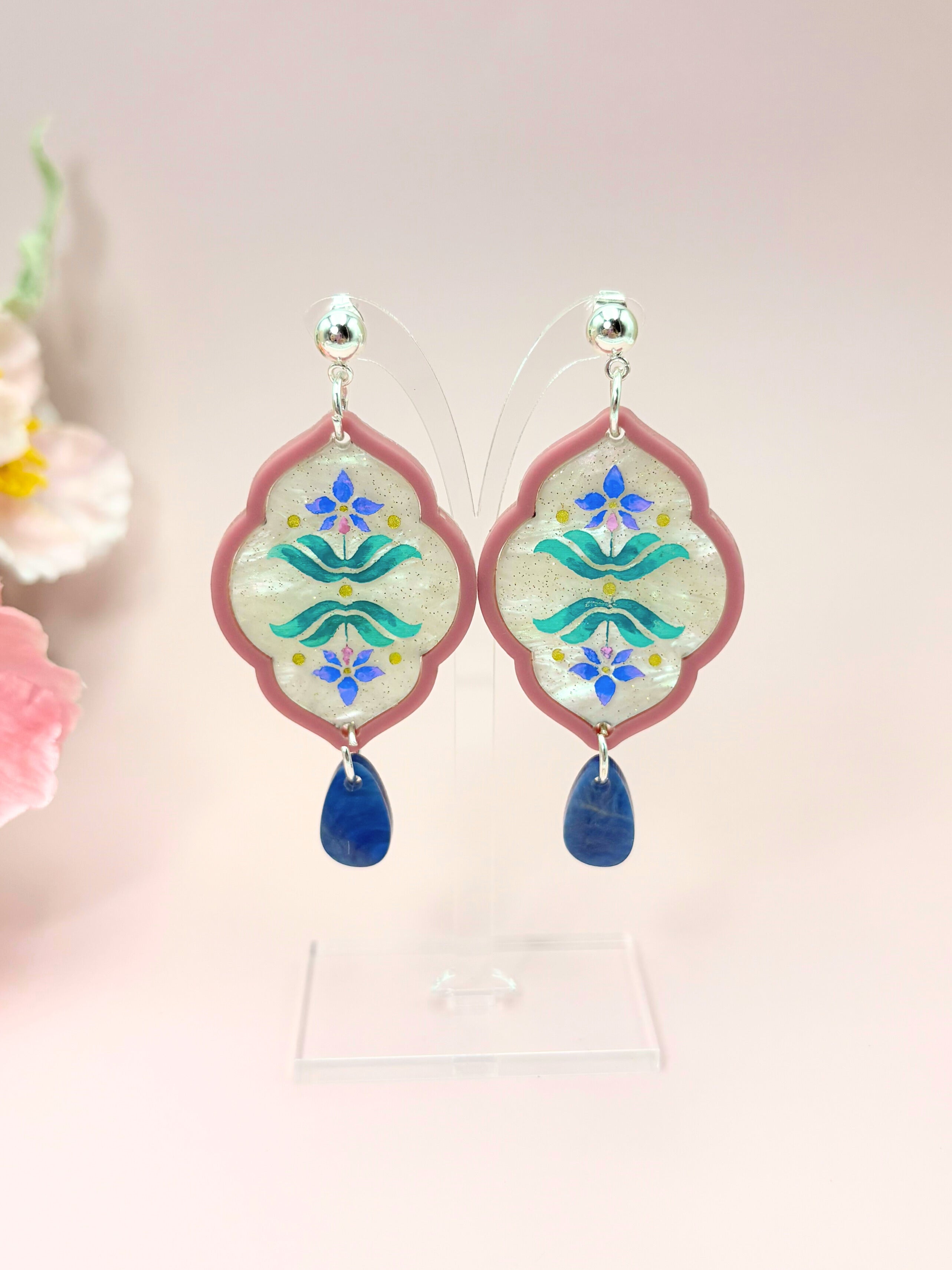 Sacred Bloom Drops - Mulberry, Teal, Blue & Silver Acrylic Earrings | Isla & Marigold