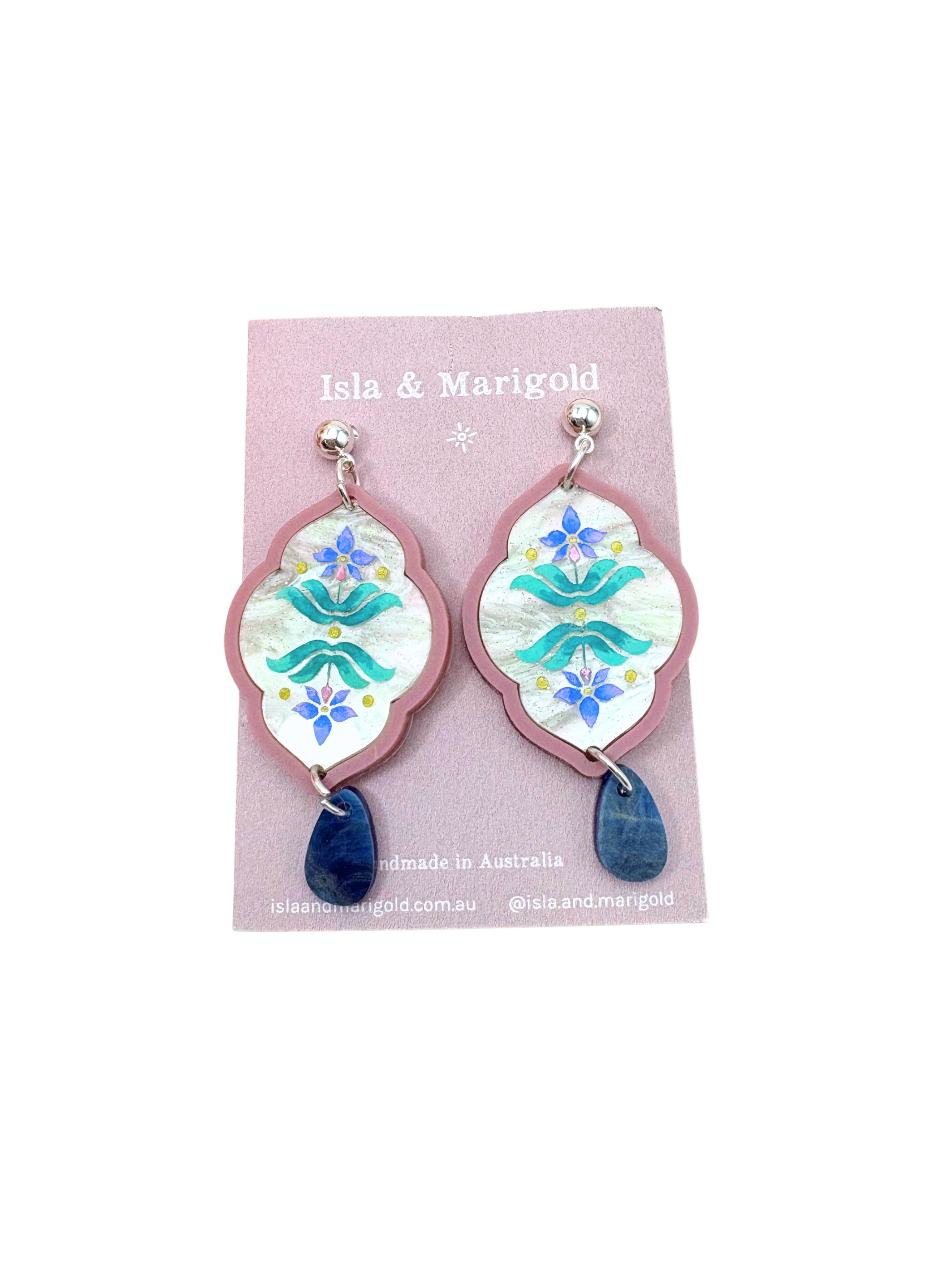 Sacred Bloom Drops - Mulberry, Teal, Blue & Silver Acrylic Earrings | Isla & Marigold