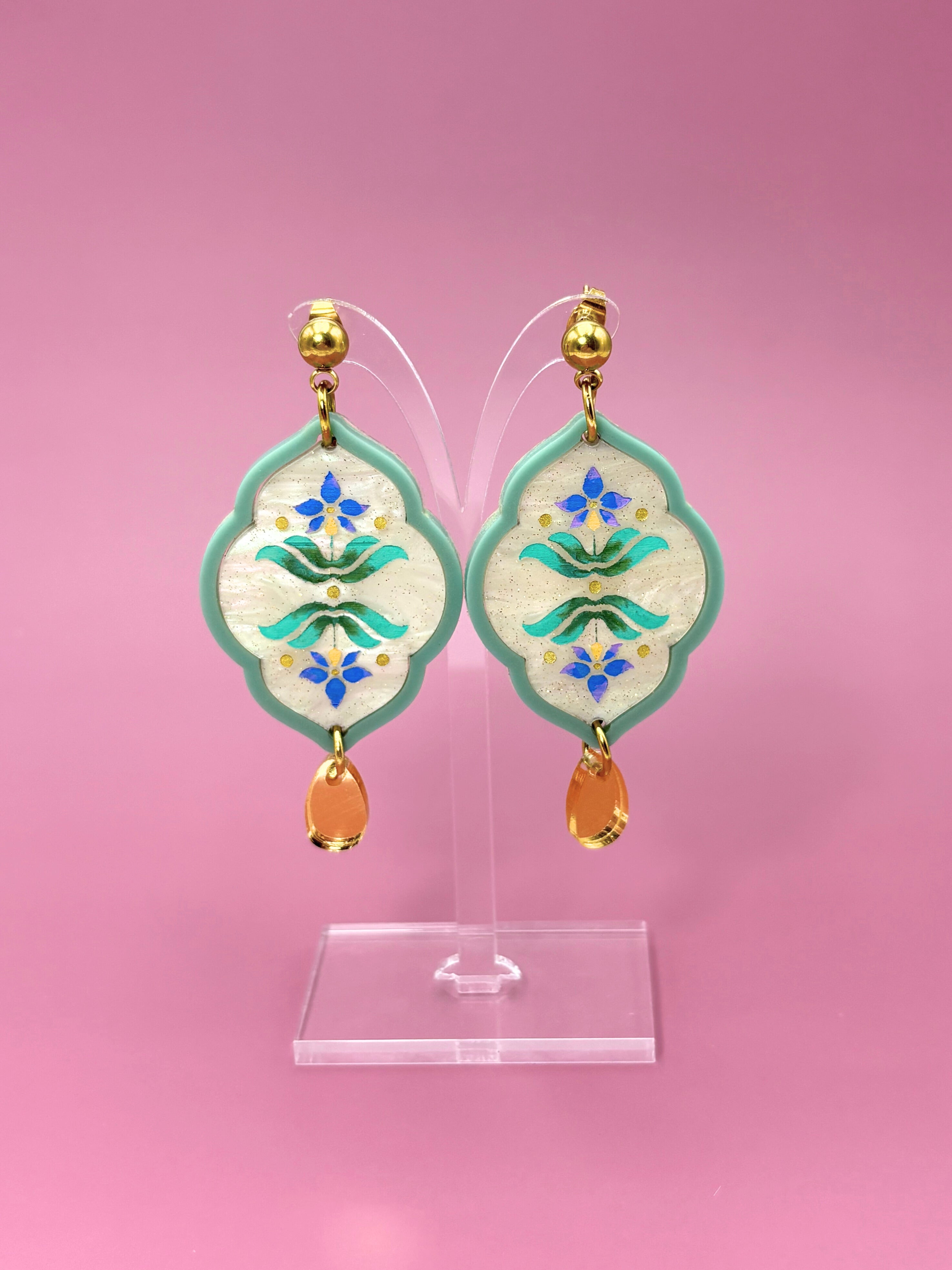 Sacred Bloom Drops - Sea Green, Aqua, Blue & Gold Acrylic Earrings | Isla & Marigold