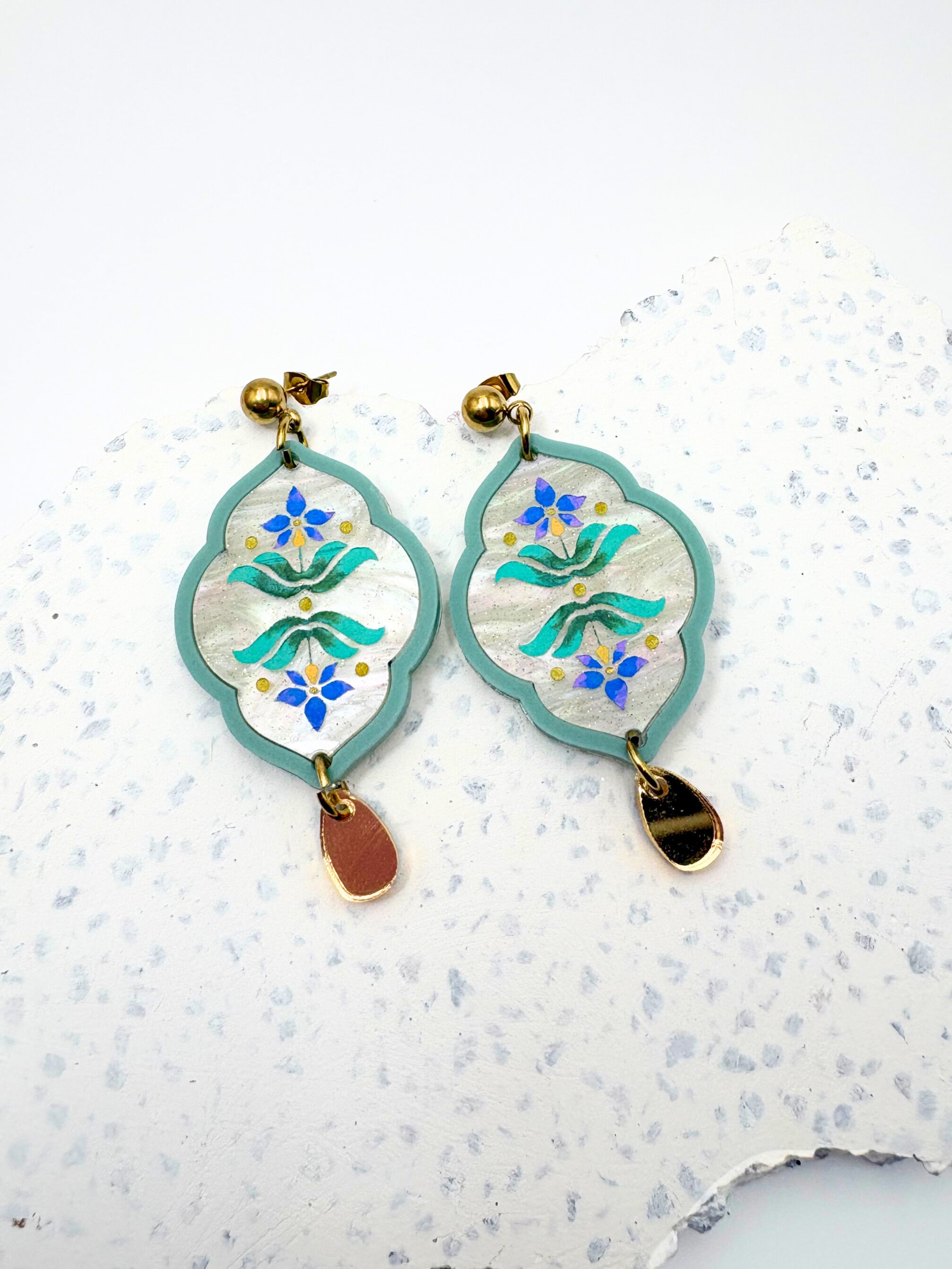 Sacred Bloom Drops - Sea Green, Aqua, Blue & Gold Acrylic Earrings | Isla & Marigold