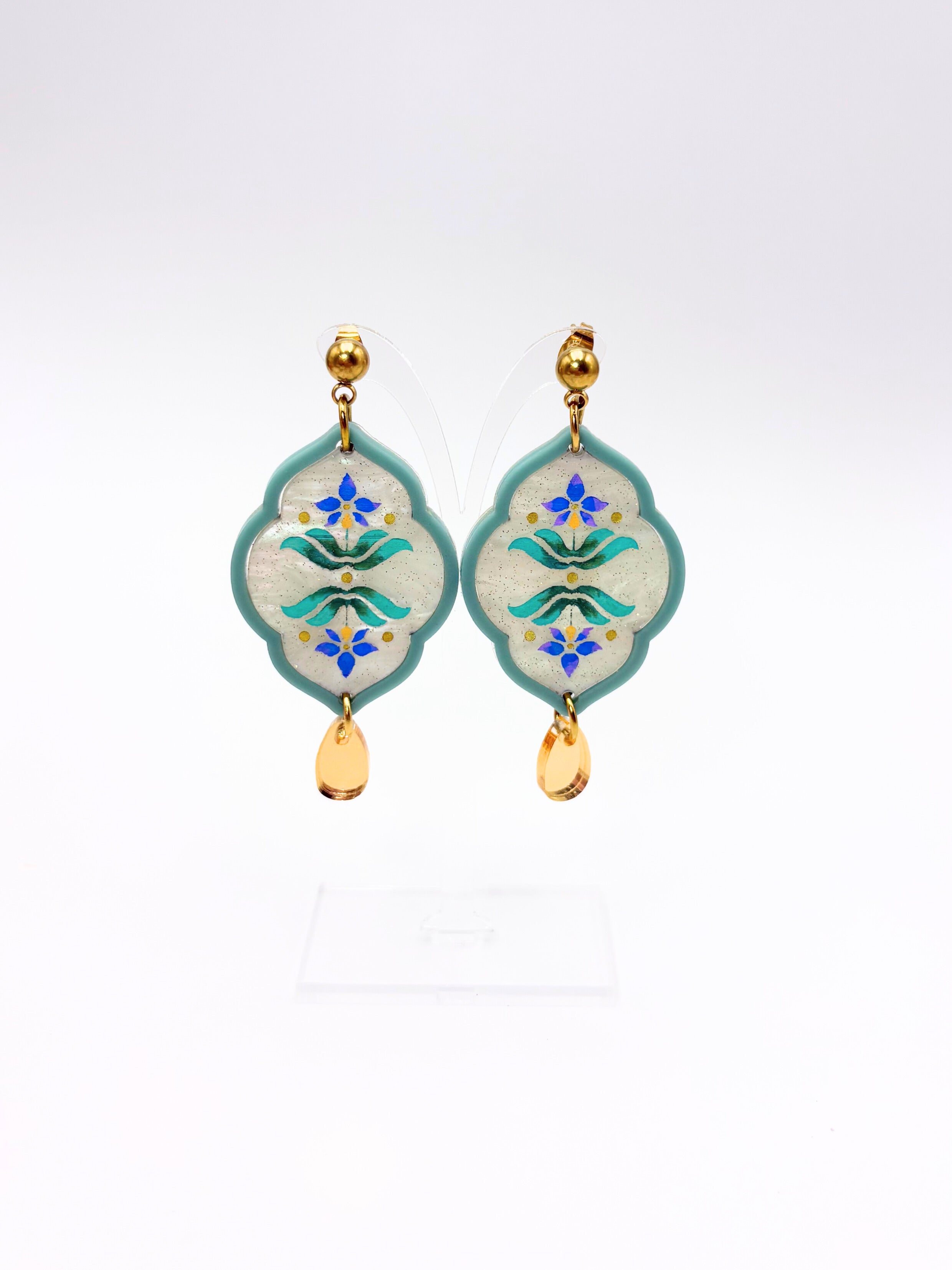 Sacred Bloom Drops - Sea Green, Aqua, Blue & Gold Acrylic Earrings | Isla & Marigold