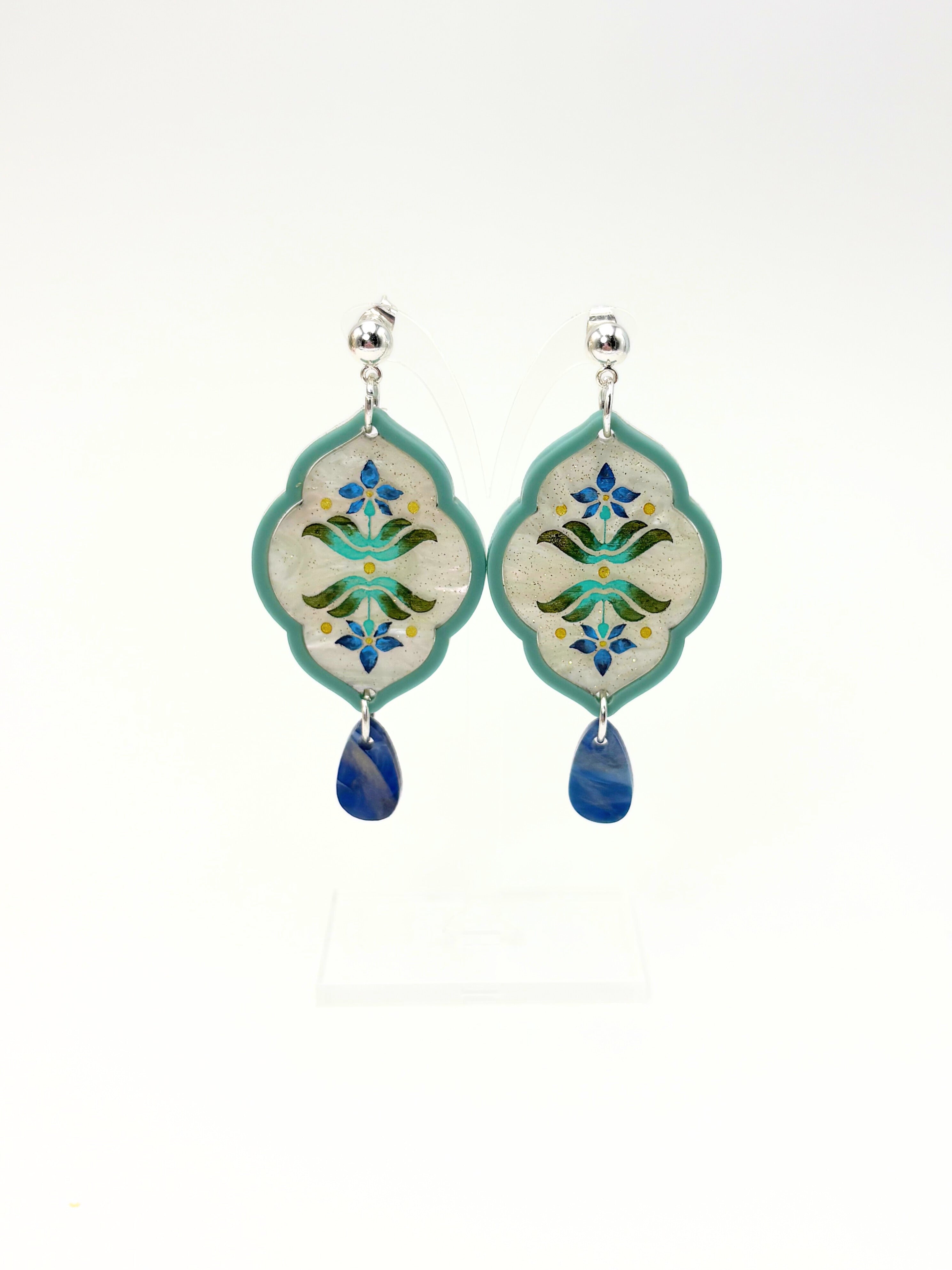 Sacred Bloom Drops - Sea Green, Olive, Blue & Silver Acrylic Earrings | Isla & Marigold