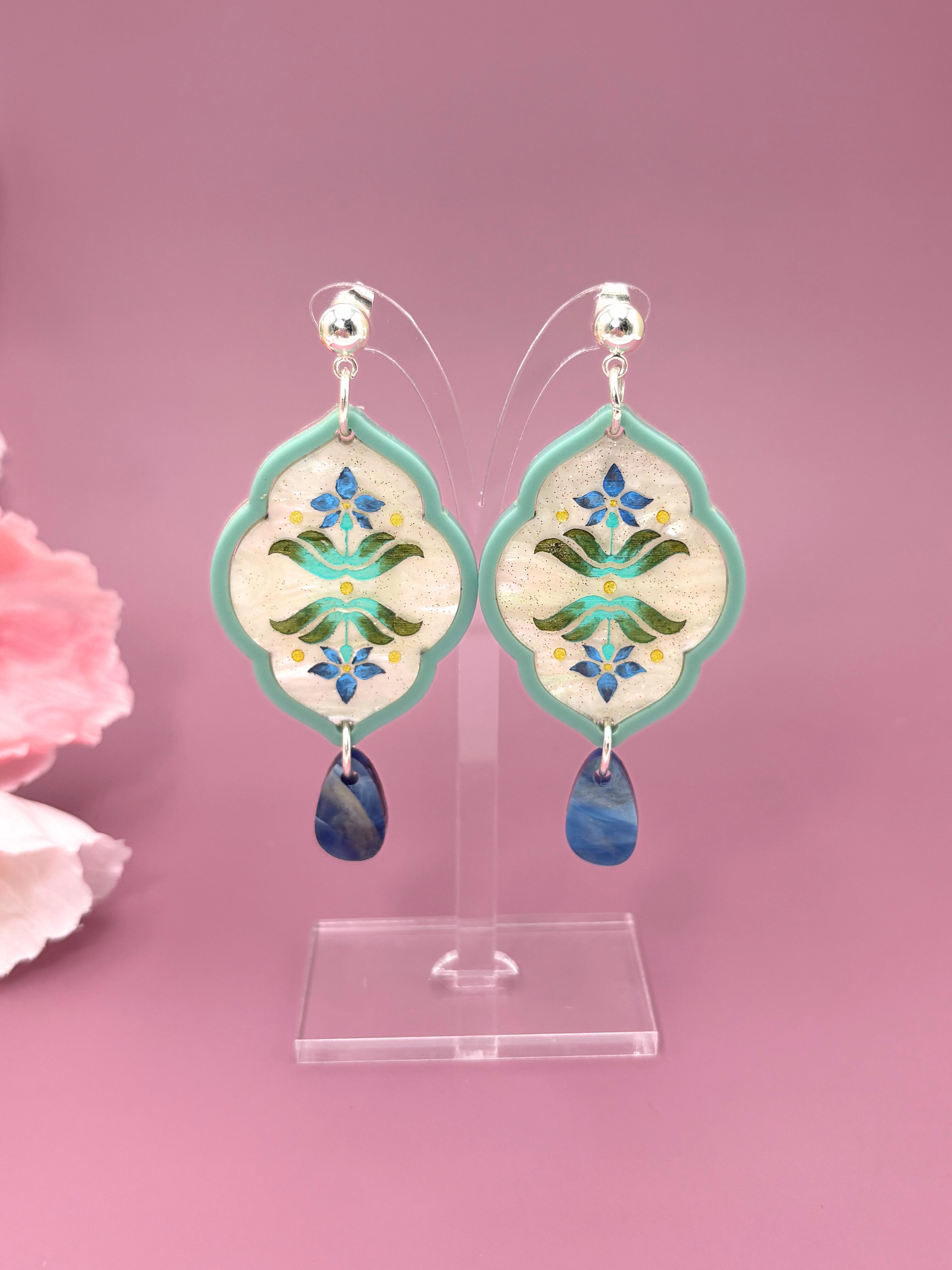 Sacred Bloom Drops - Sea Green, Olive, Blue & Silver Acrylic Earrings | Isla & Marigold