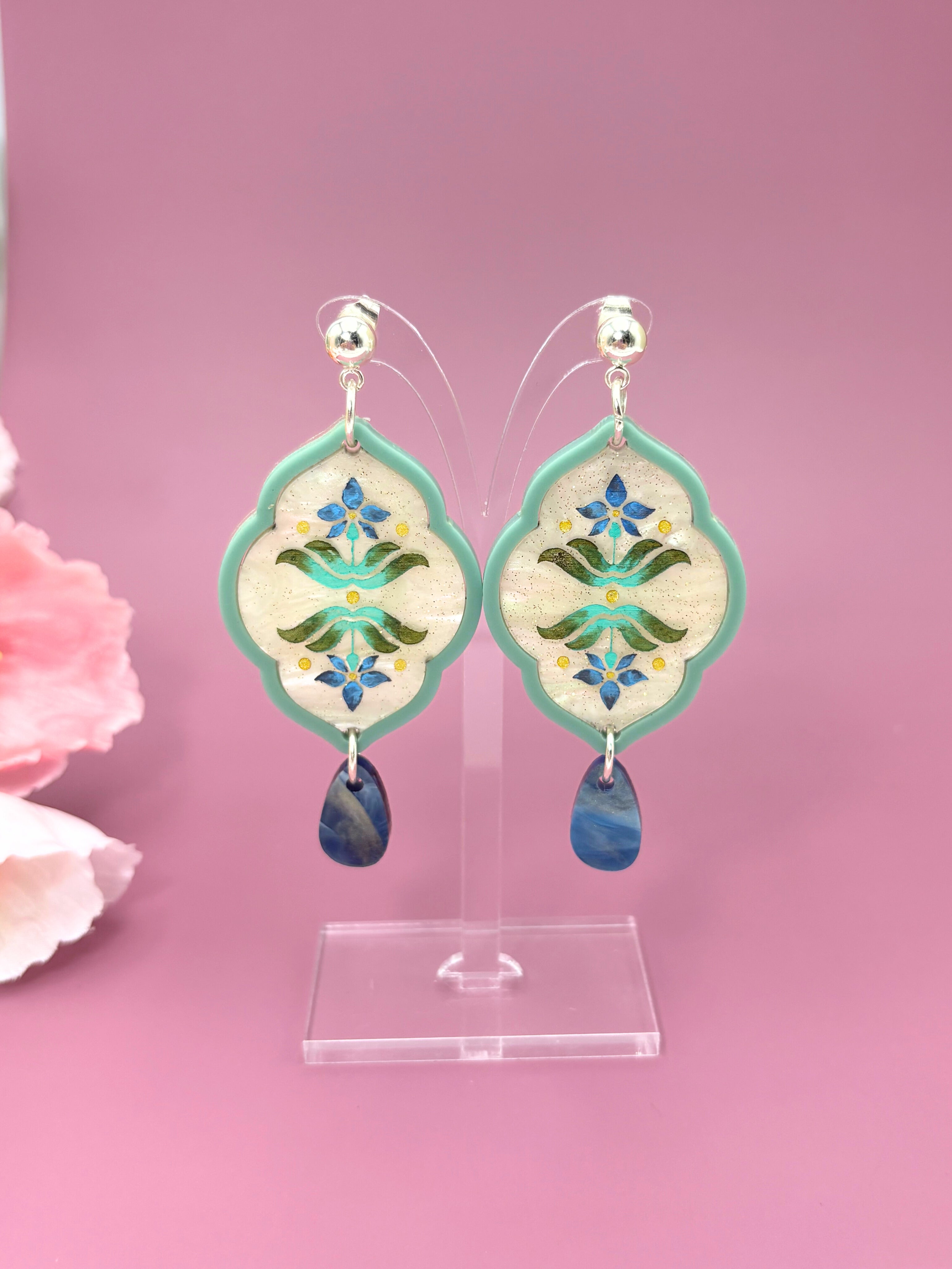 Sacred Bloom Drops - Sea Green, Olive, Blue & Silver Acrylic Earrings | Isla & Marigold