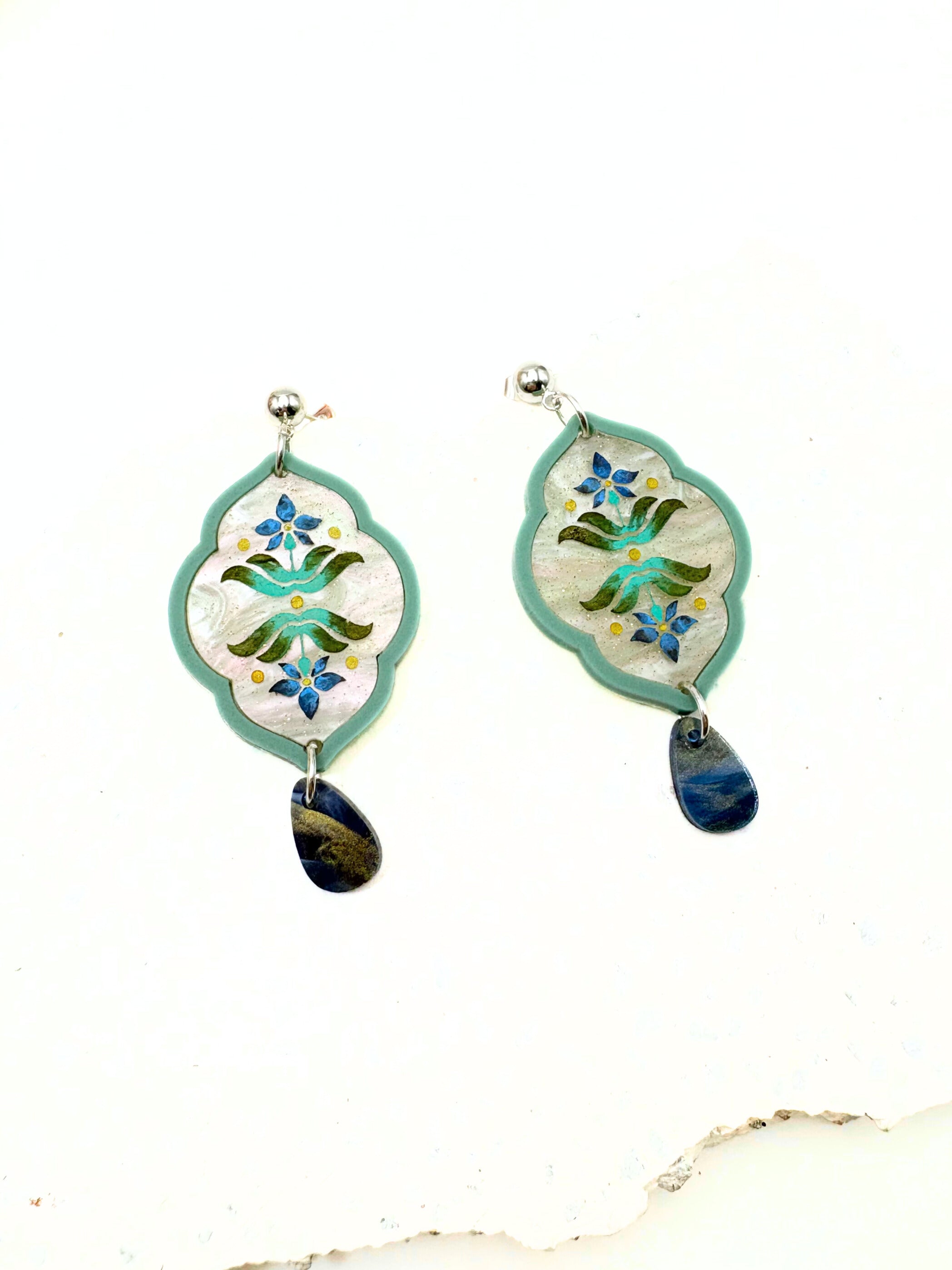 Sacred Bloom Drops - Sea Green, Olive, Blue & Silver Acrylic Earrings | Isla & Marigold