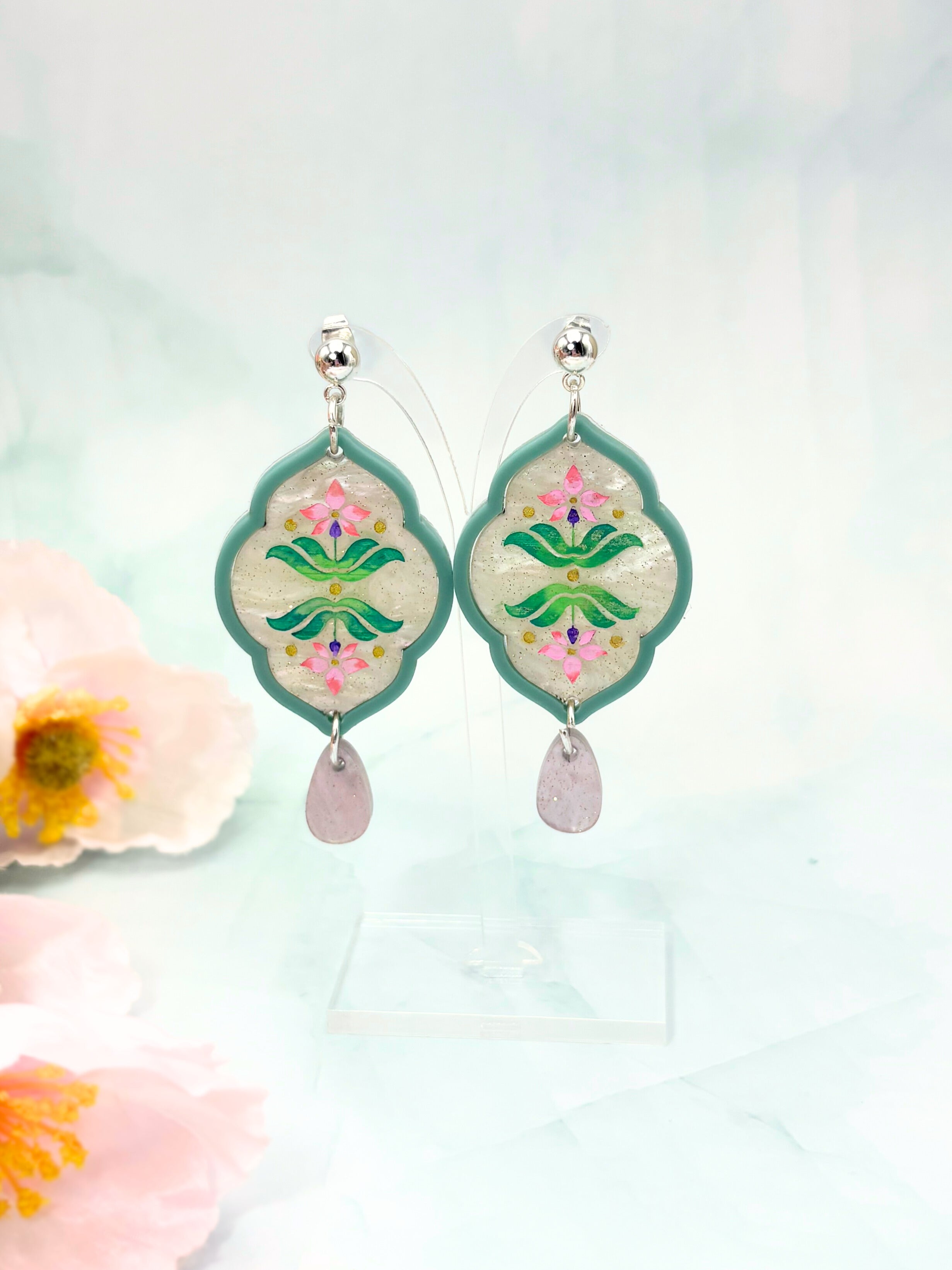 Sacred Bloom Drops - Sea Green, Pink, Lilac & Silver Acrylic Earrings | Isla & Marigold