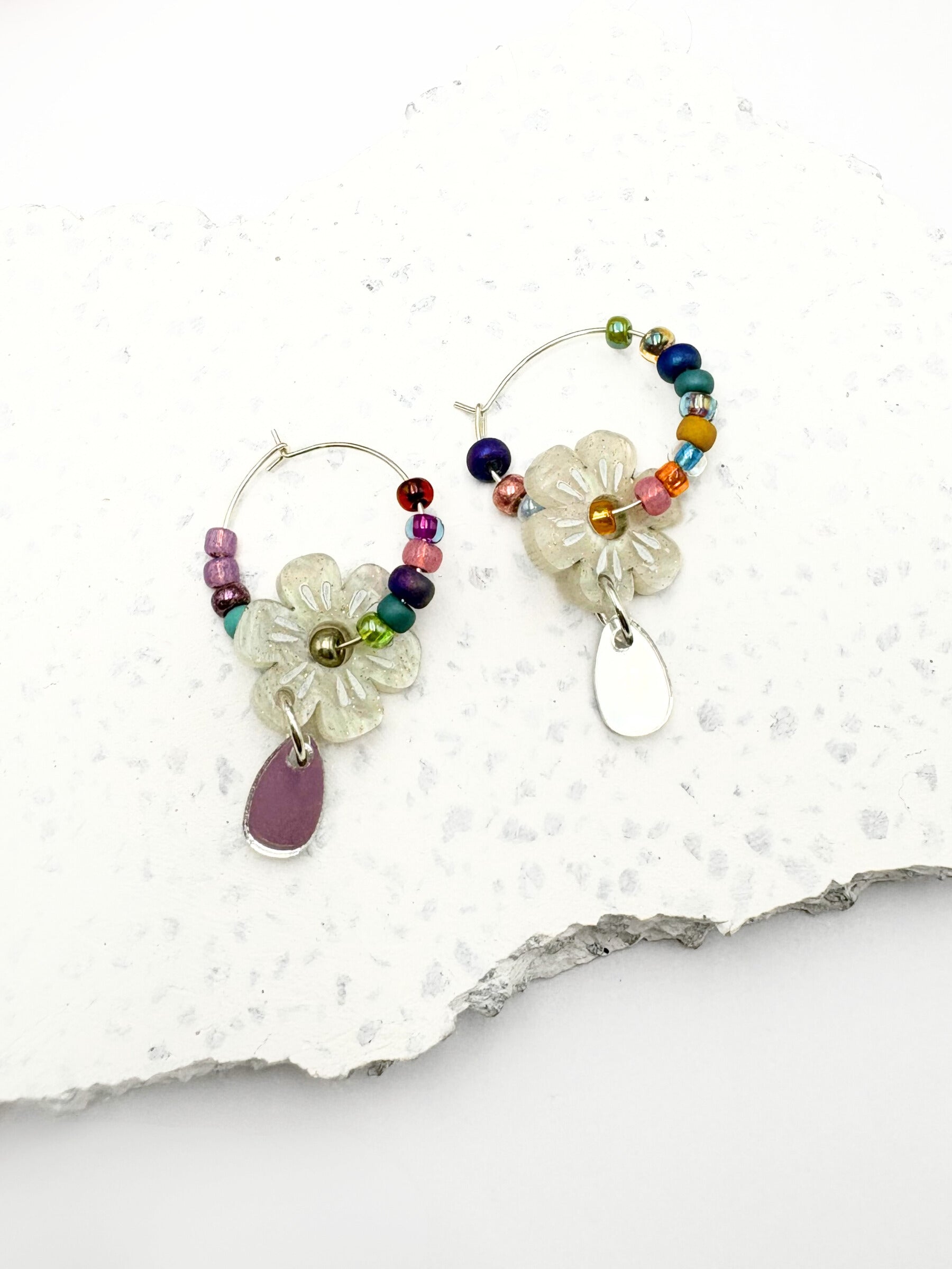 Soulflower Drop Hoops - Ivory and Silver Acrylic Earrings | Isla & Marigold