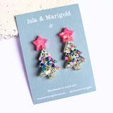 Rainbow Neon Sparkle Glitter Christmas Tree Earrings