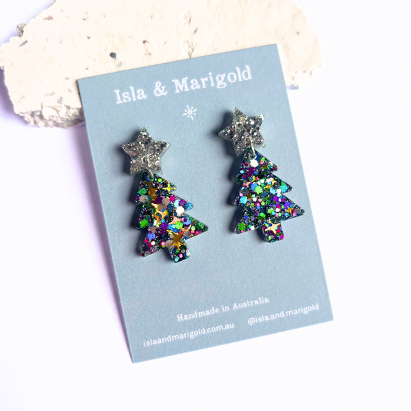 Christmas Tree Earrings Blue Silver