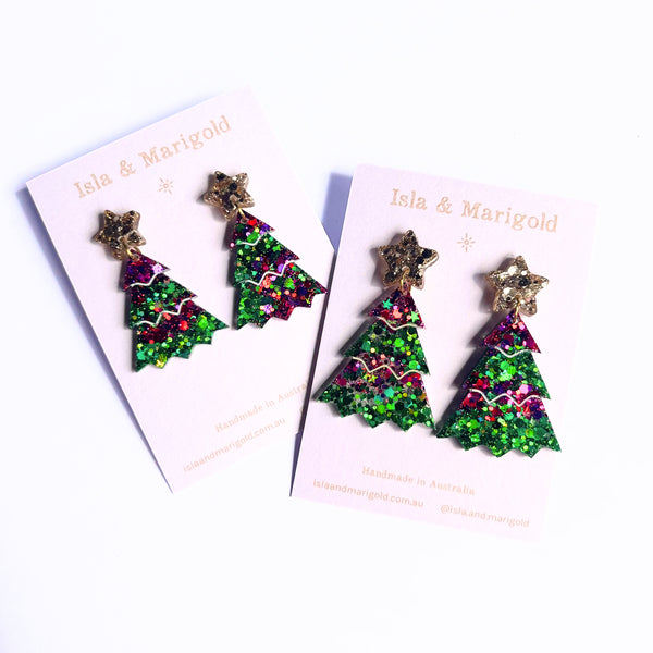 Handmade Earrings- Purple Green Glitter Christmas Tree- Two Sizes