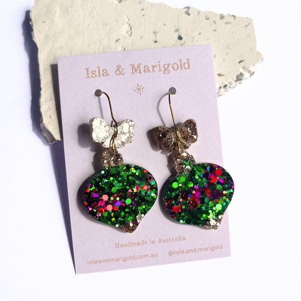 Christmas Bauble Earrings Green Gold Purple - Large