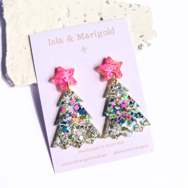 Glitter Rainbow Christmas Tree Earrings