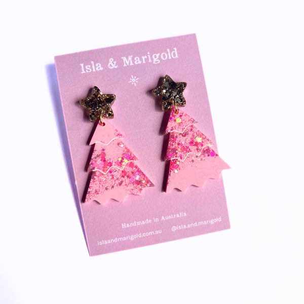 Handmade Earrings- Glitter Pink Christmas Tree Earrings- Two Sizes